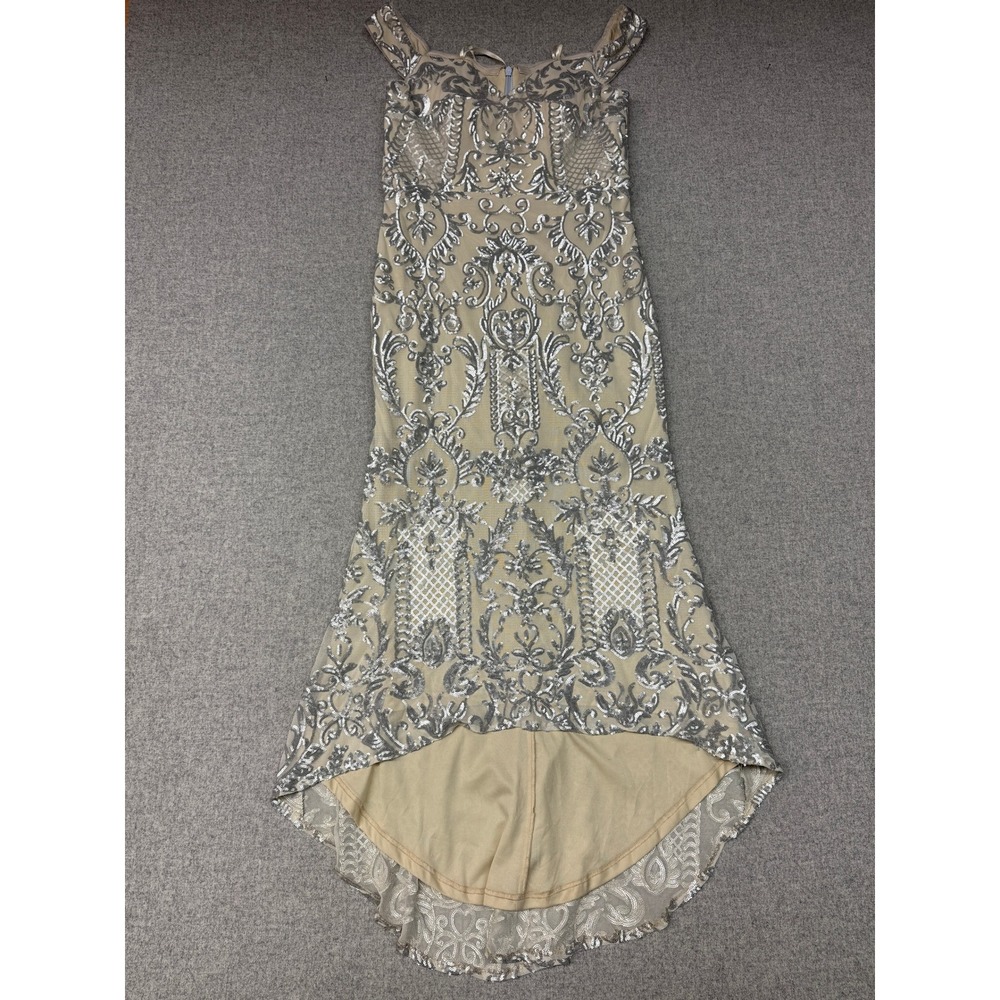 Bariano Australia High Low Gown 14 Silver Sequin Champagne Formal Dress B31D33